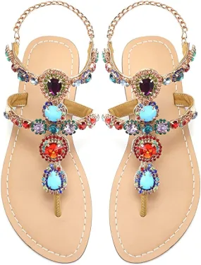 Beaded Blue/Orange Rhinestone T-Strap Summer Elegant Sandal