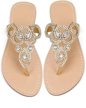 Beaded Design Gold Rhinestone T-Strap Summer Elegant Sandal