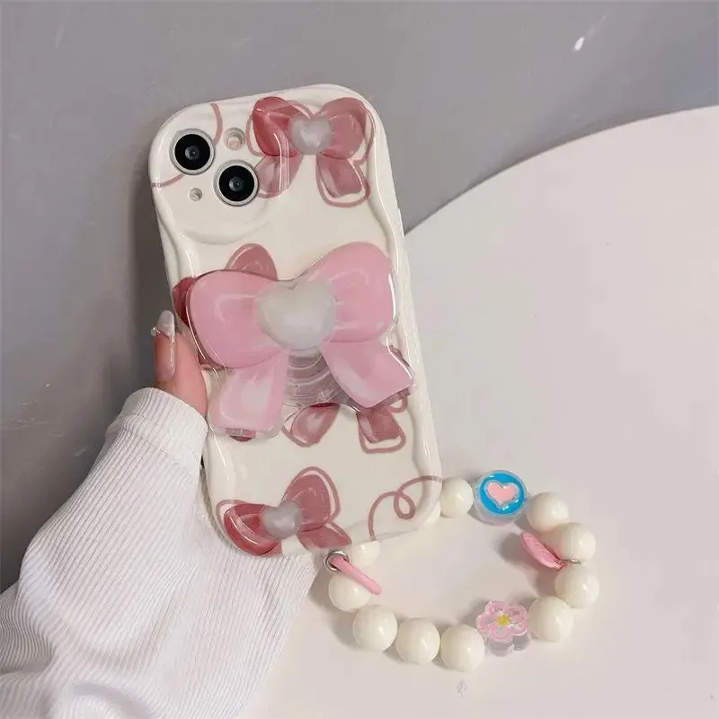 Beautiful Pink Bow Design Beaded Wristlet Strap Phone Case for Samsung Galaxy