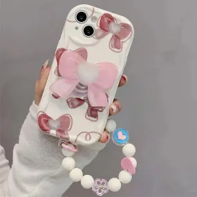 Beautiful Pink Bow Design Beaded Wristlet Strap Phone Case for Samsung Galaxy