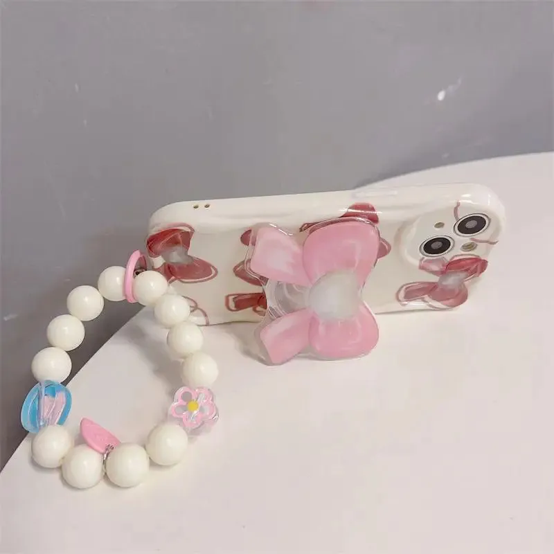 Beautiful Pink Bow Design Beaded Wristlet Strap Phone Case for Samsung Galaxy