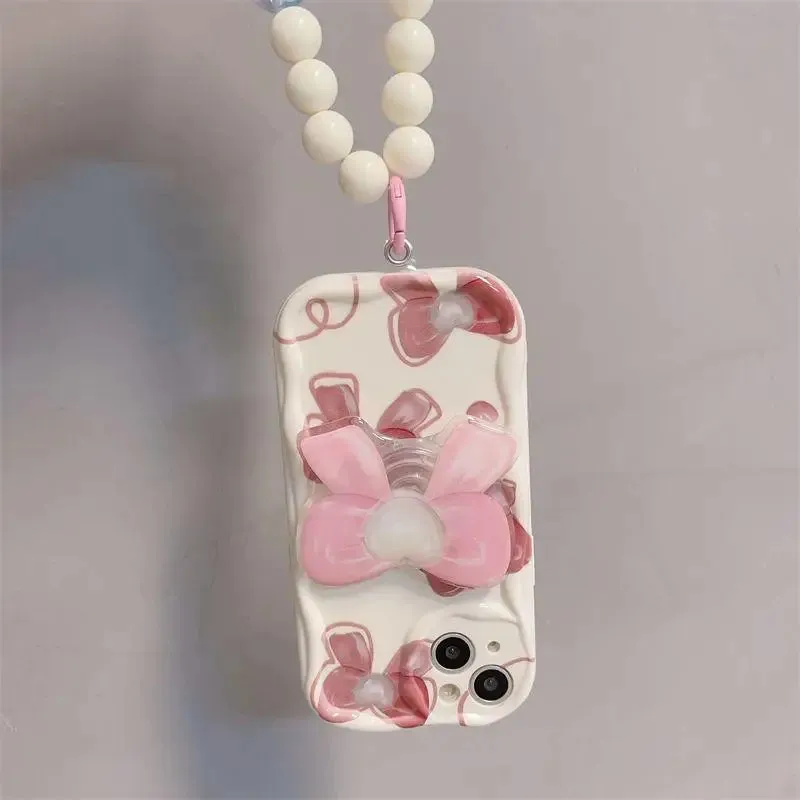 Beautiful Pink Bow Design Beaded Wristlet Strap Phone Case for Samsung Galaxy