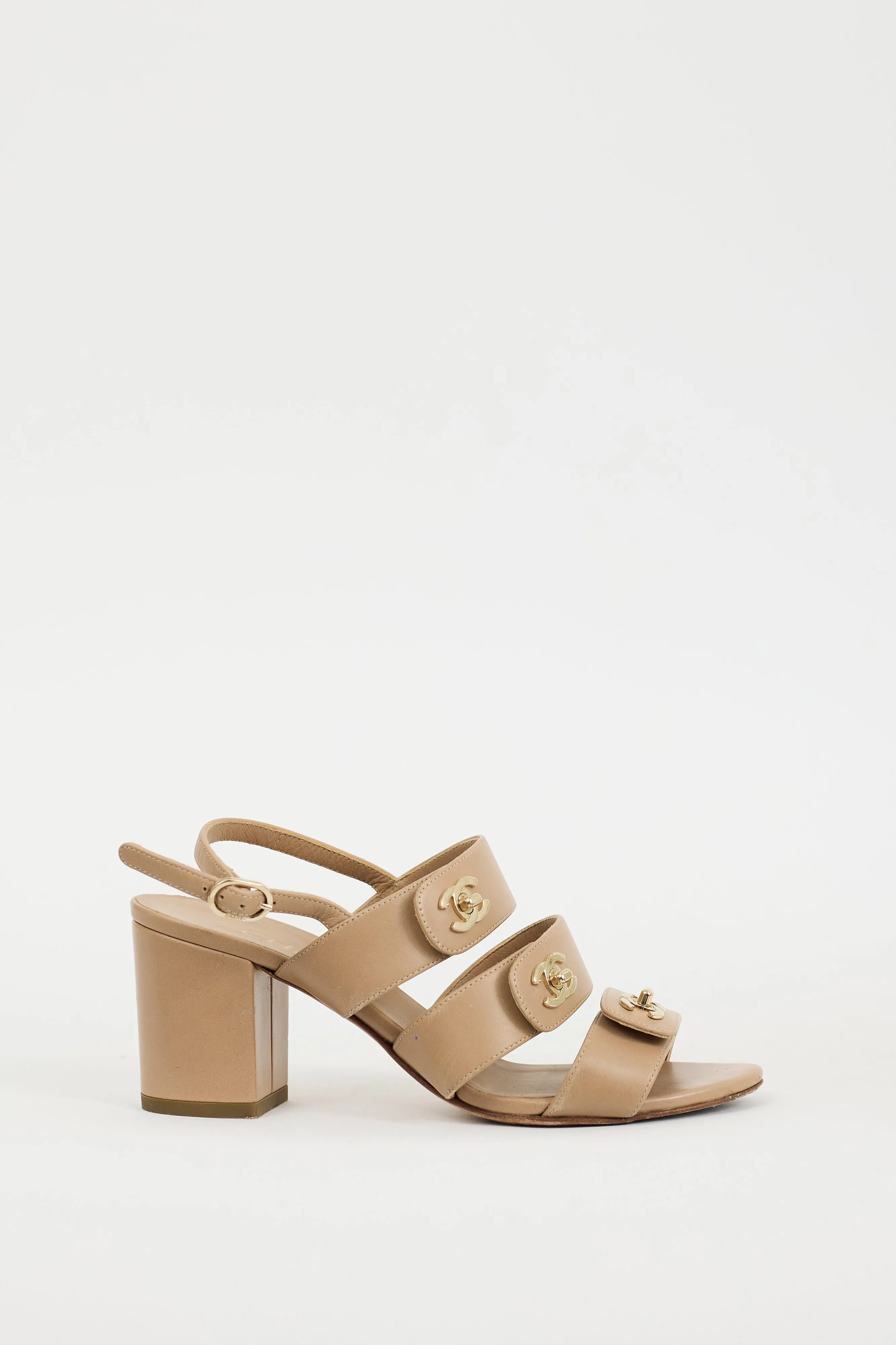 Beige & Gold Leather CC Turn Lock Triple Strap Sandal