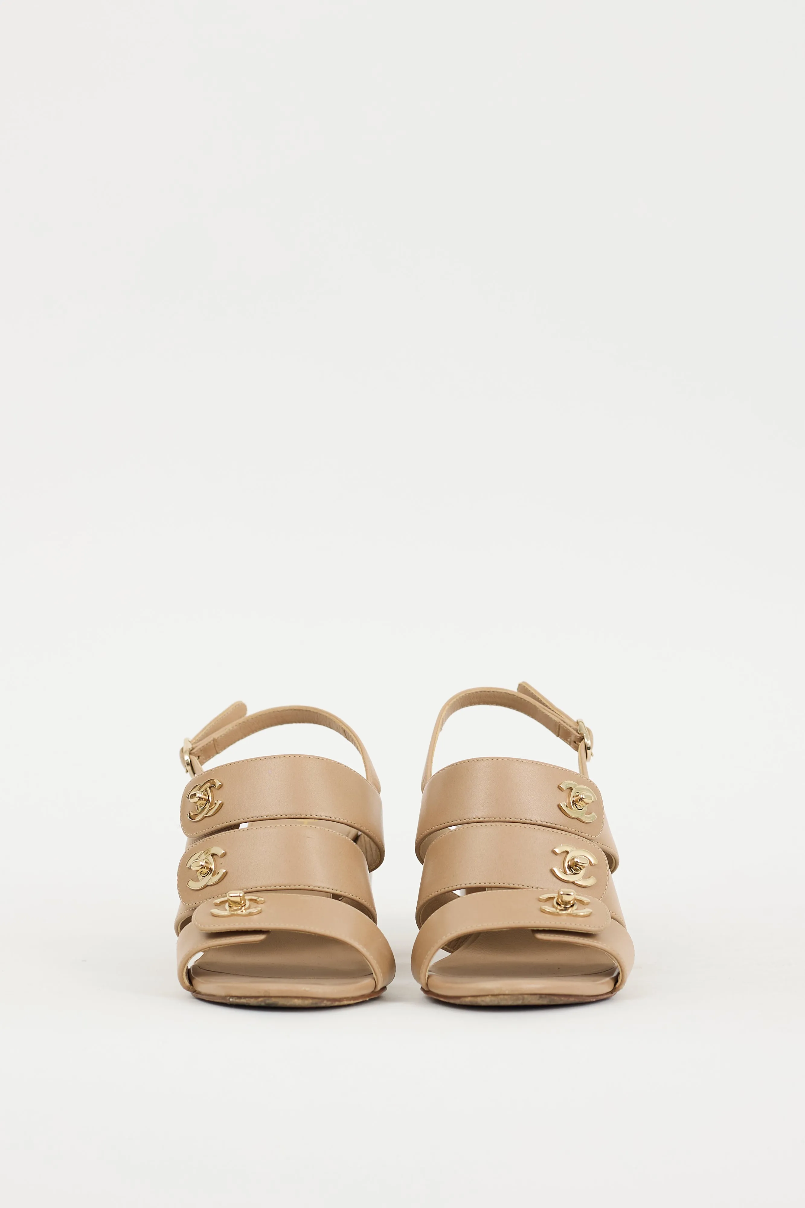 Beige & Gold Leather CC Turn Lock Triple Strap Sandal
