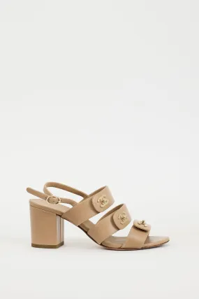 Beige & Gold Leather CC Turn Lock Triple Strap Sandal