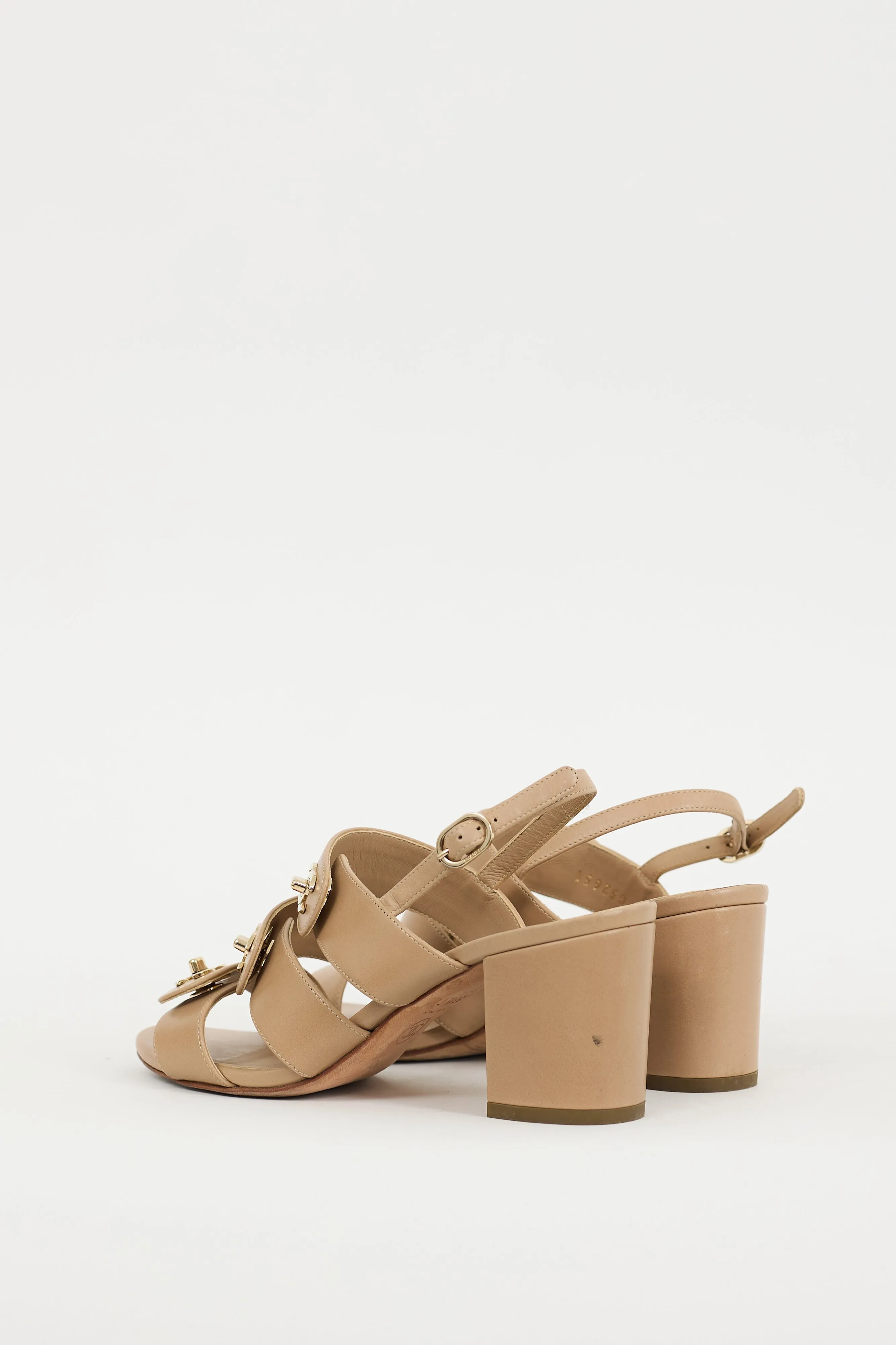 Beige & Gold Leather CC Turn Lock Triple Strap Sandal