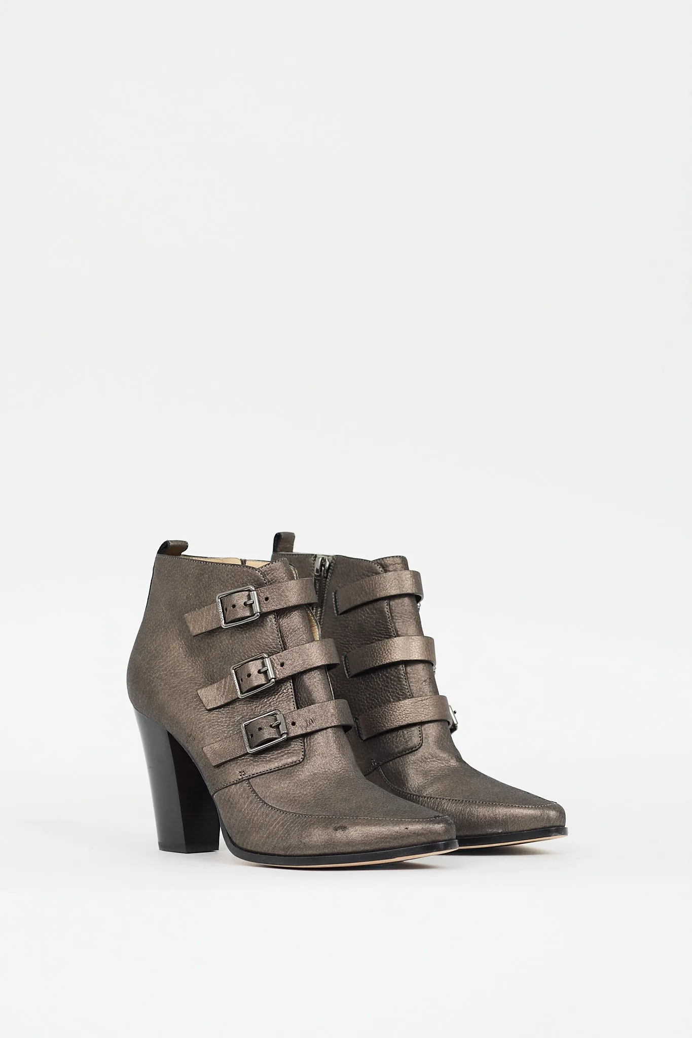 Bronze Leather Buckled Ankle Boot