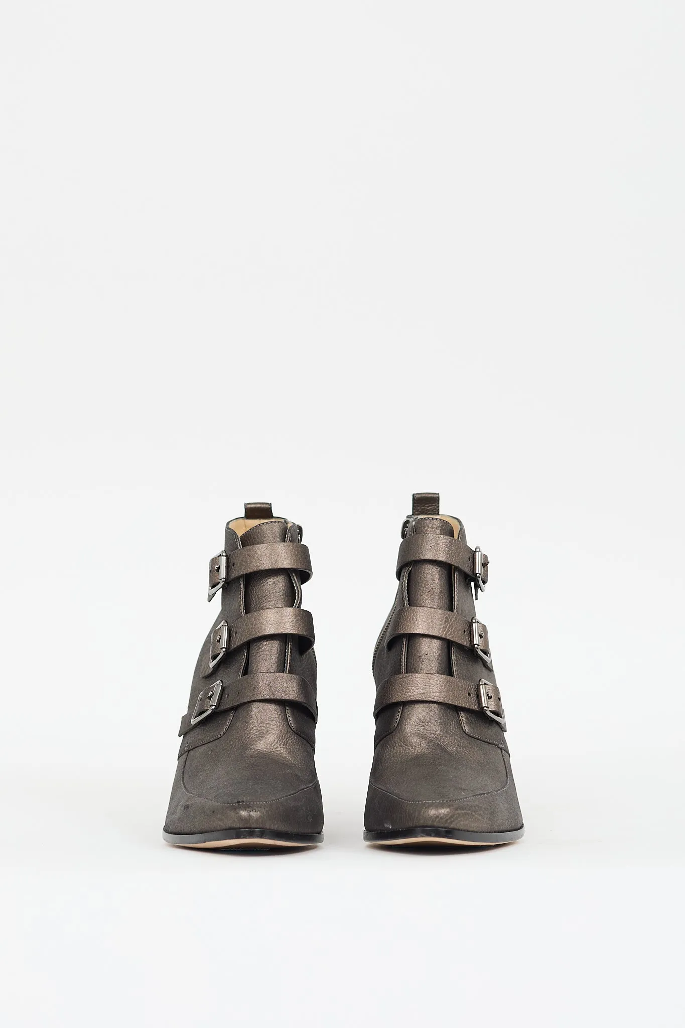 Bronze Leather Buckled Ankle Boot