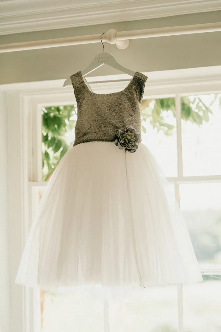 City Shimmer Sequin Bow Dress in White and Silver