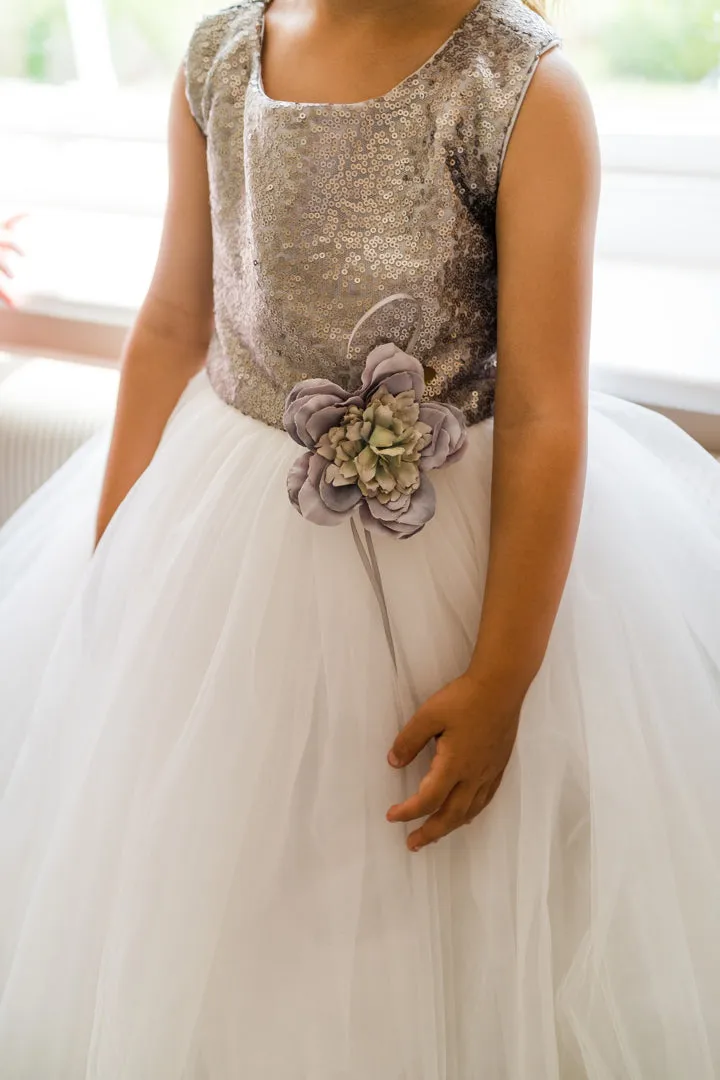 City Shimmer Sequin Bow Dress in White and Silver
