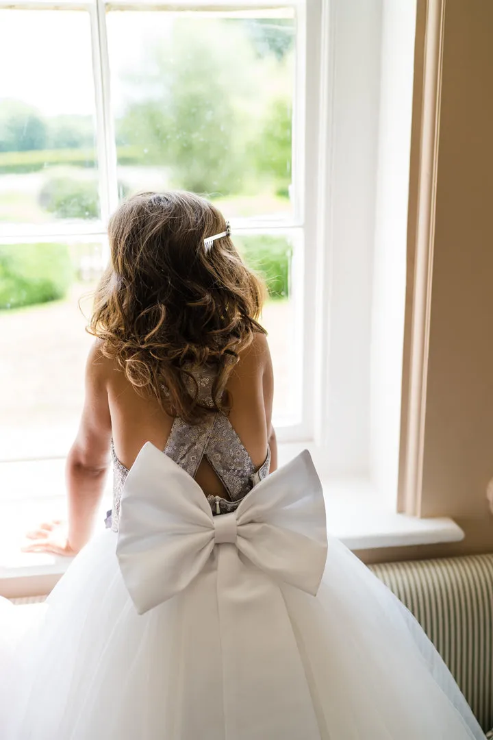 City Shimmer Sequin Bow Dress in White and Silver