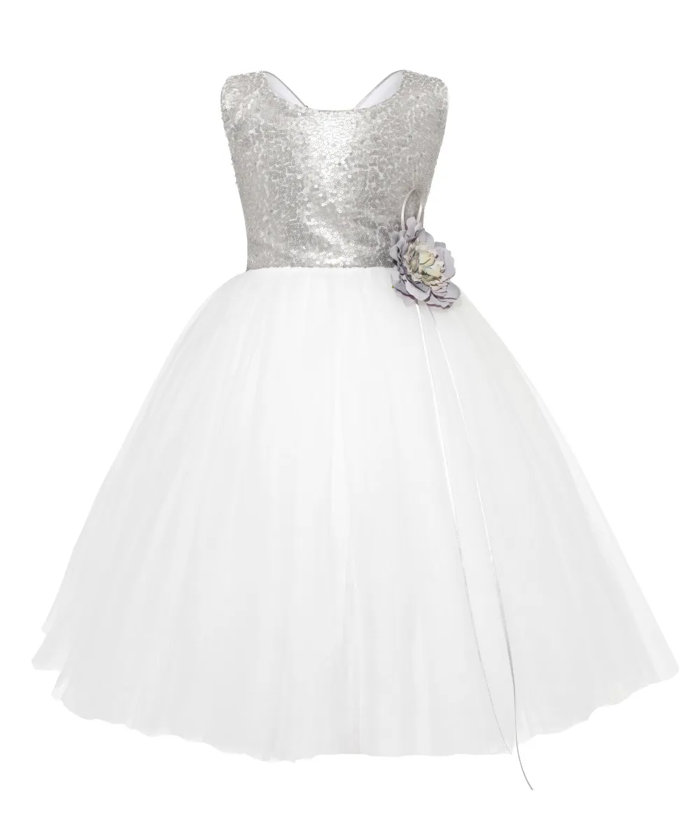 City Shimmer Sequin Bow Dress in White and Silver