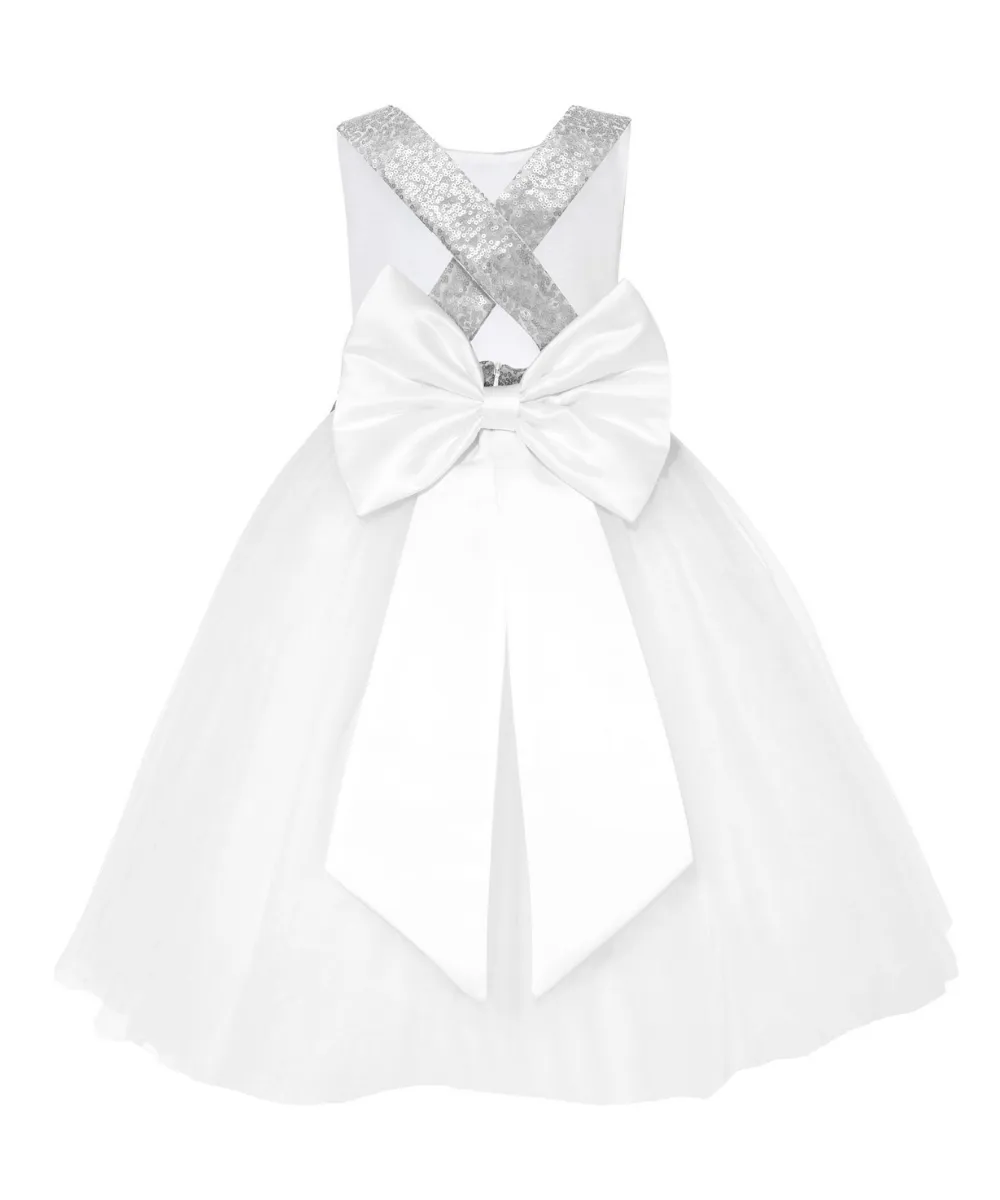 City Shimmer Sequin Bow Dress in White and Silver