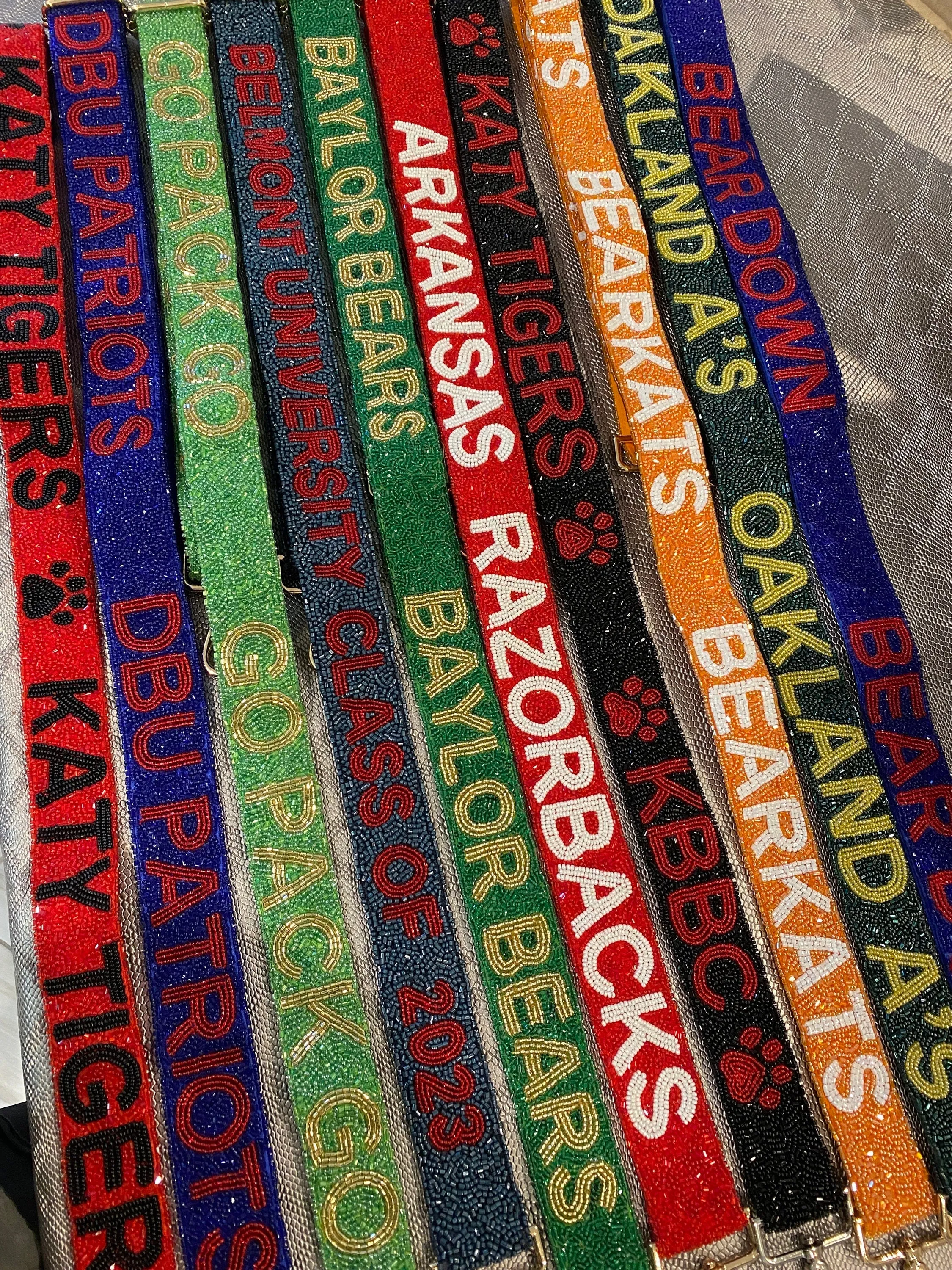 Custom beaded game day bag strap, college, sports,Baylor bears, boomer sooner,crusaders,lobos,bearkats,boulders,bruins,personalized strap,