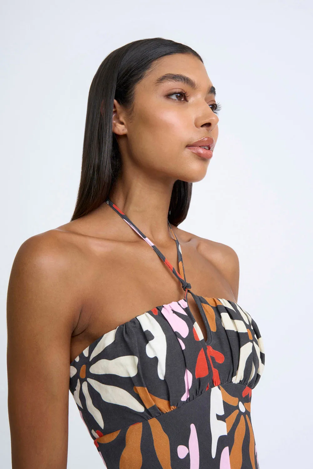 Dandy Breeze Gathered Halter Dress | Final Sale - Black Multi