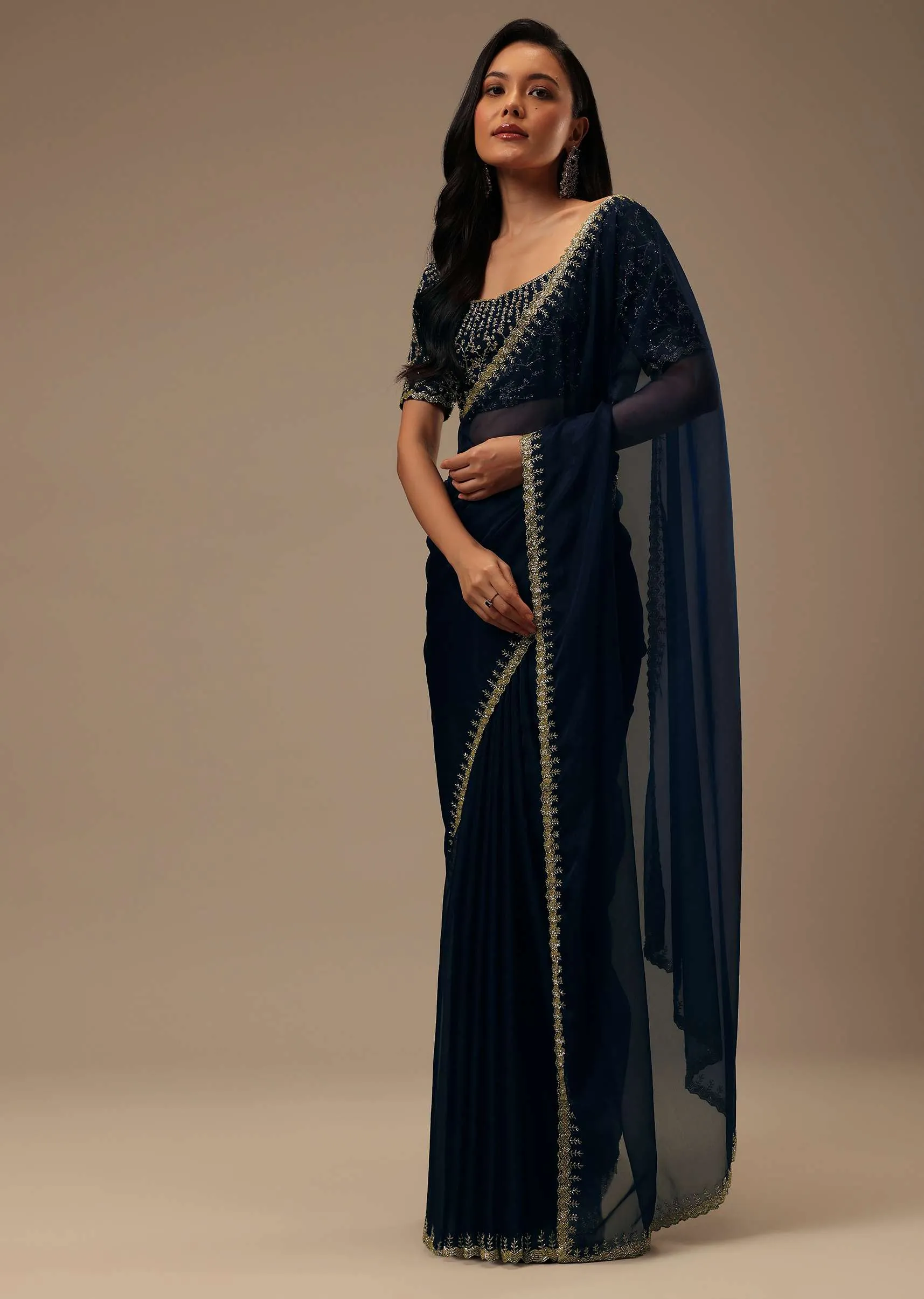 Dark Blue Plain Organza Saree With Heavy Cut Dana Work