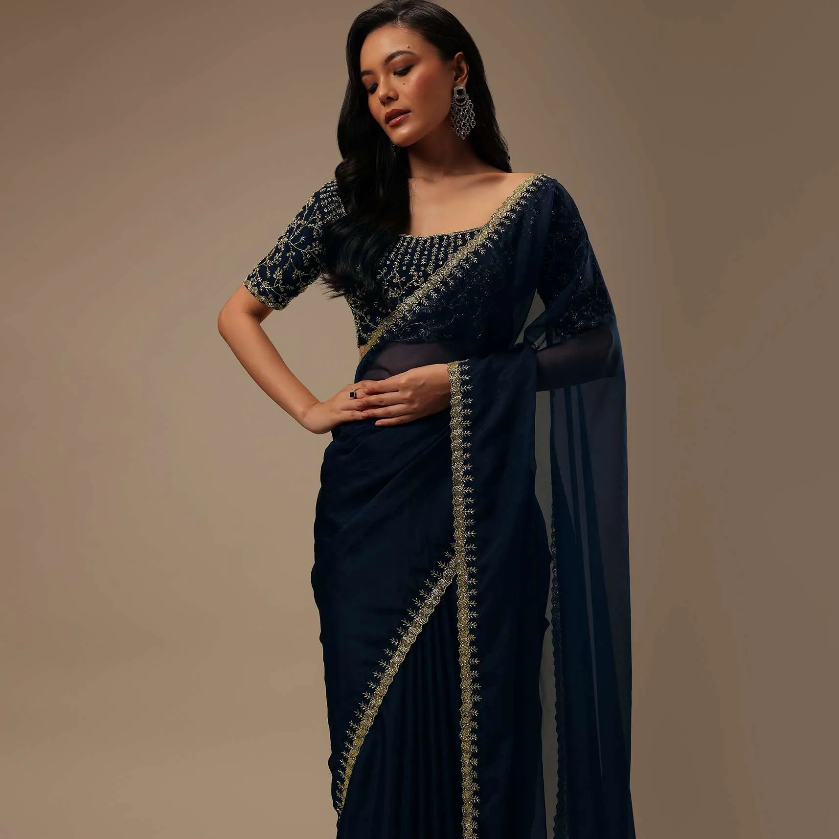 Dark Blue Plain Organza Saree With Heavy Cut Dana Work