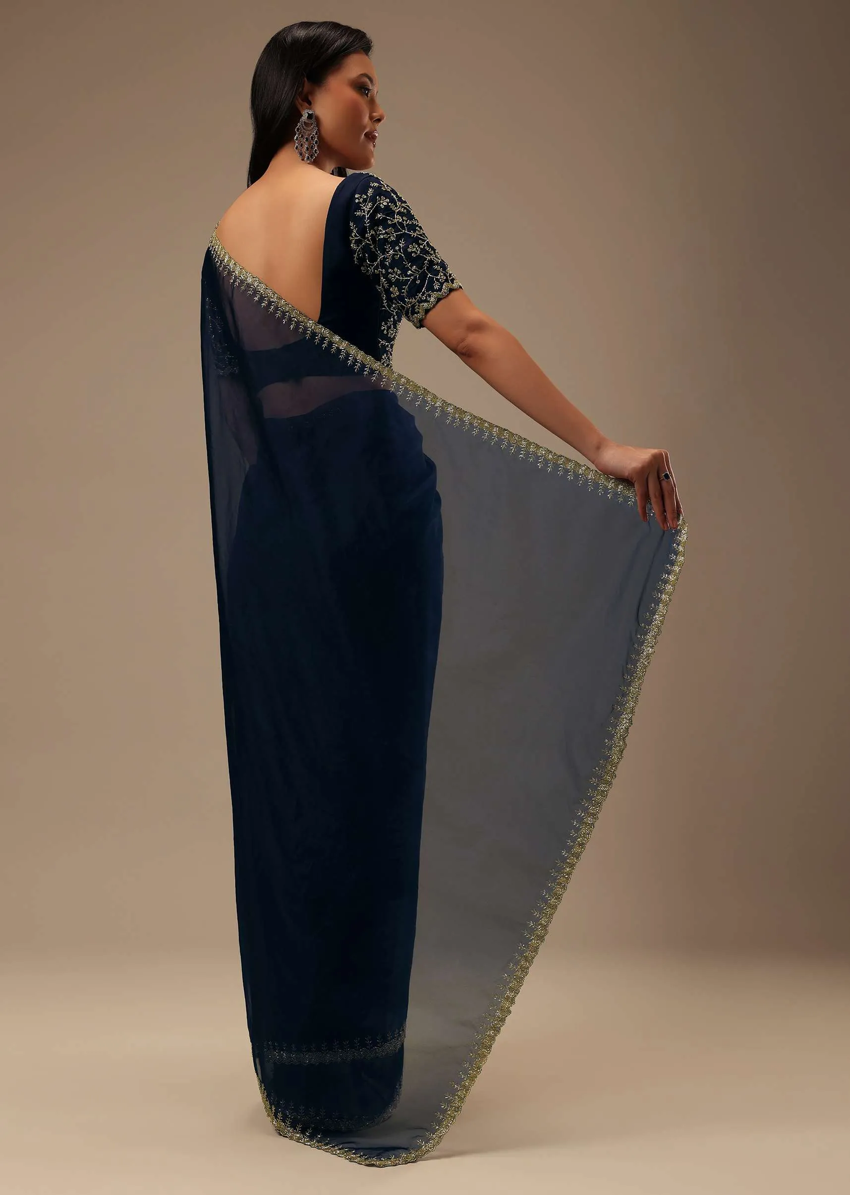 Dark Blue Plain Organza Saree With Heavy Cut Dana Work