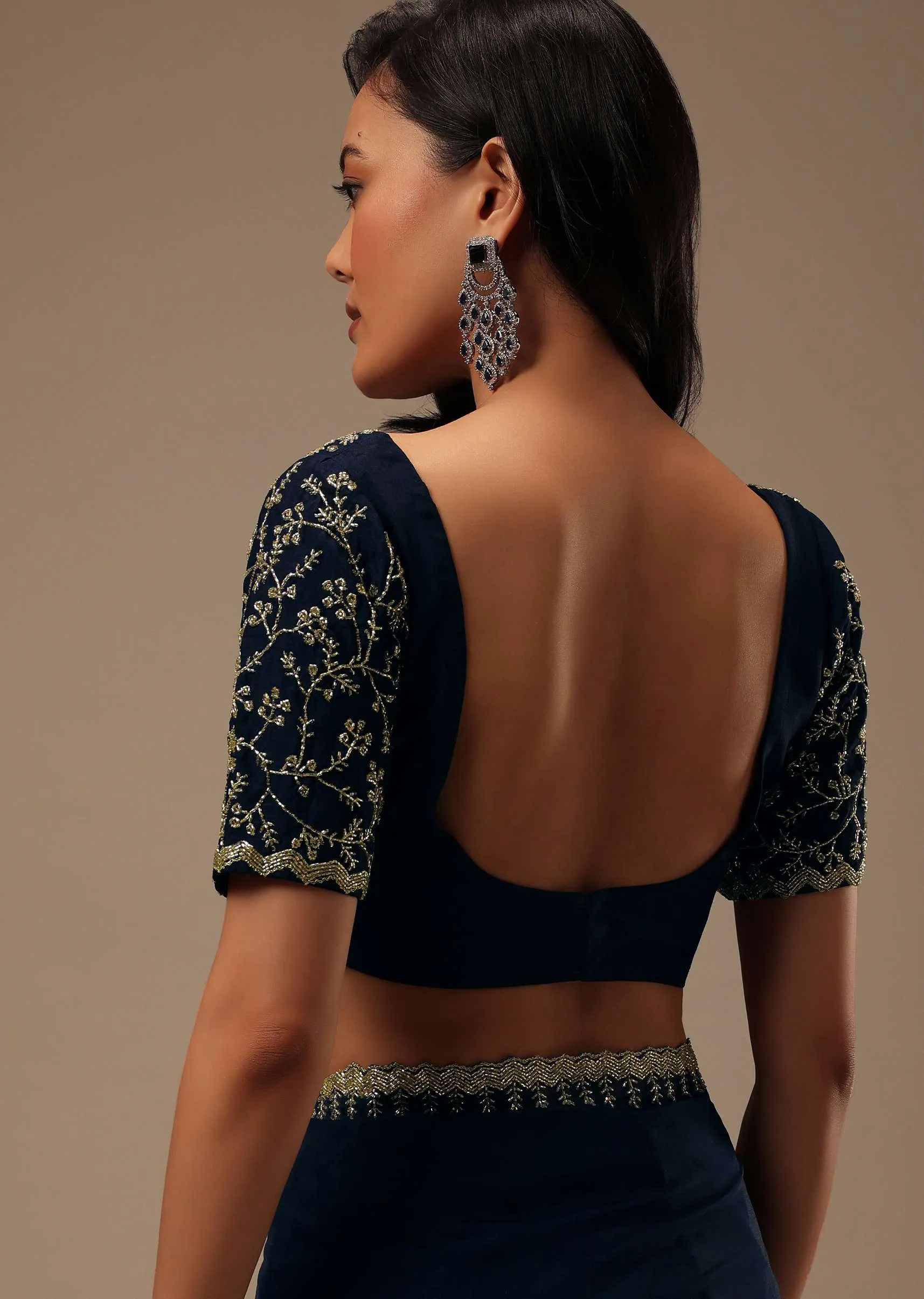 Dark Blue Plain Organza Saree With Heavy Cut Dana Work