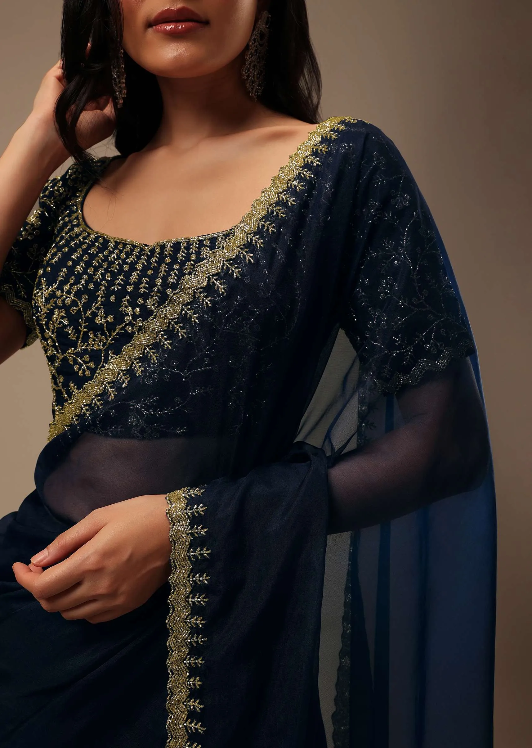 Dark Blue Plain Organza Saree With Heavy Cut Dana Work