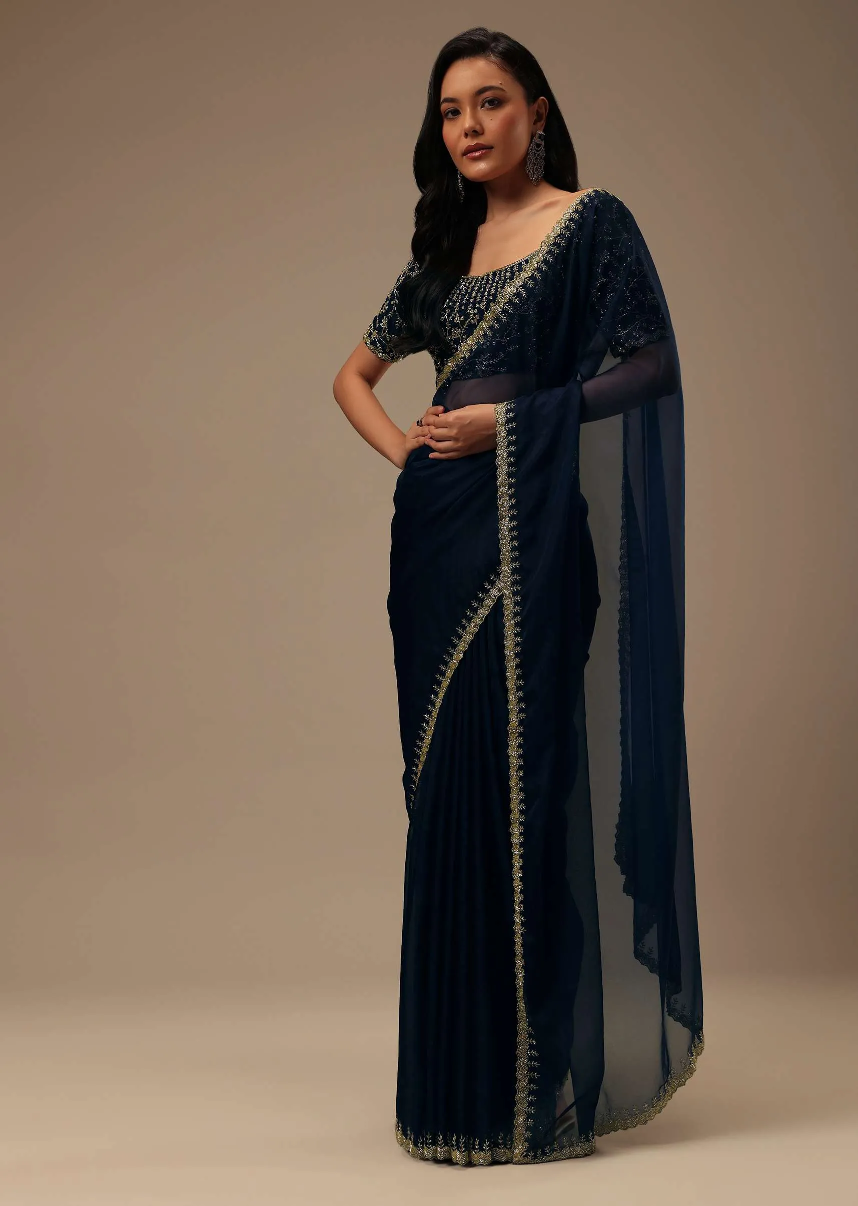 Dark Blue Plain Organza Saree With Heavy Cut Dana Work