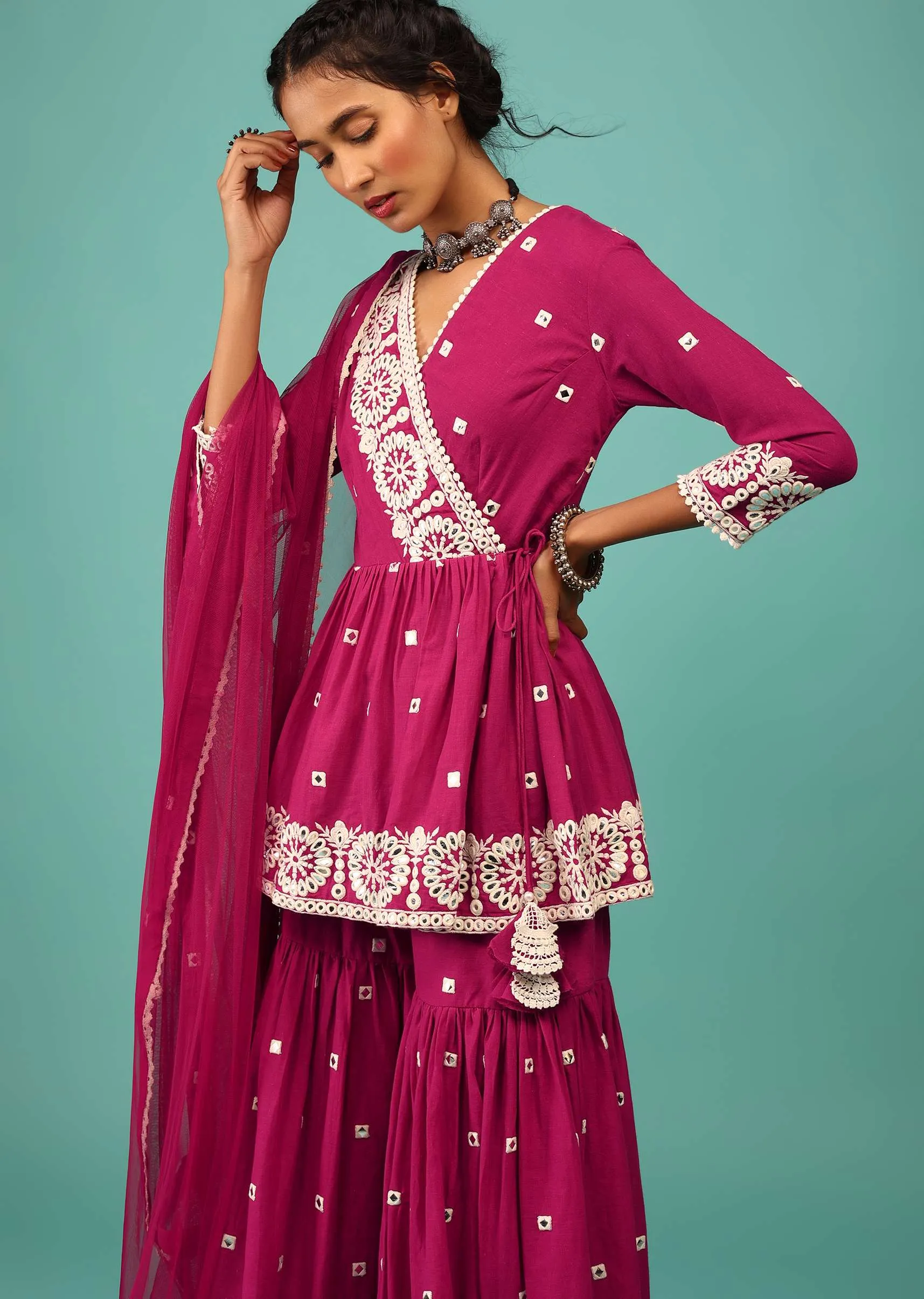 Magenta Pink Sharara Suit In Cotton With Lucknowi Floral Embroidery & Angarakha Peplum Top