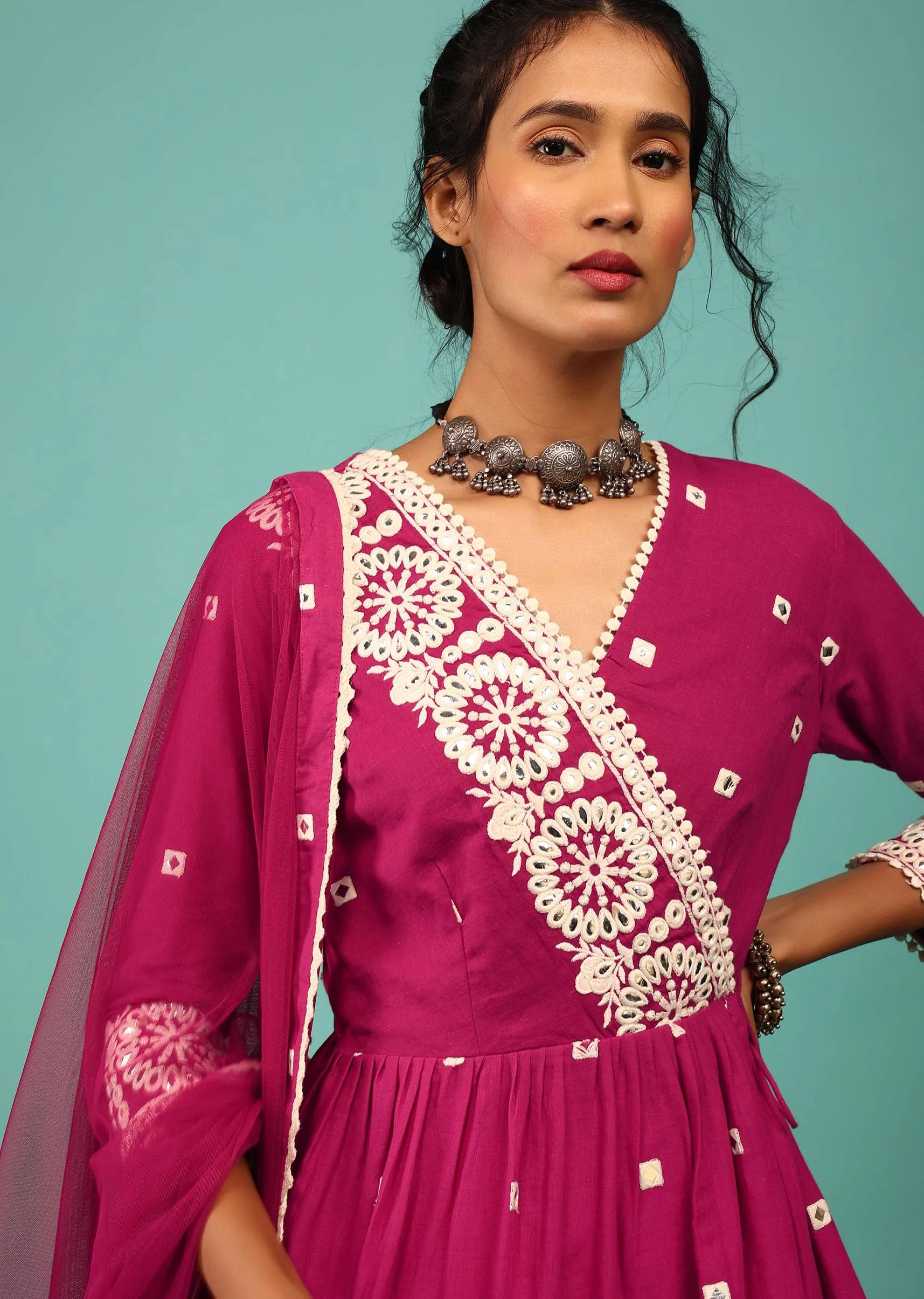 Magenta Pink Sharara Suit In Cotton With Lucknowi Floral Embroidery & Angarakha Peplum Top