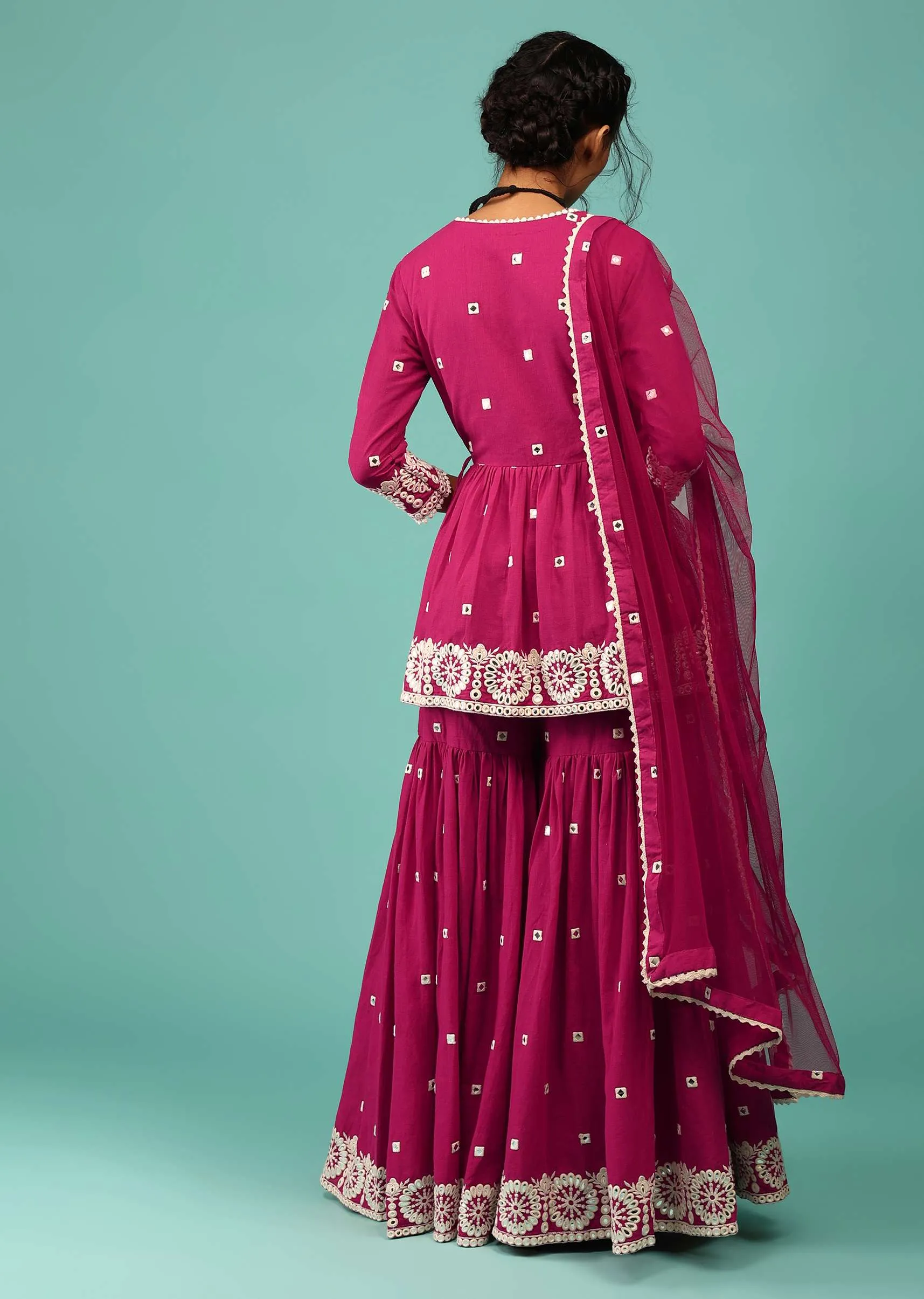Magenta Pink Sharara Suit In Cotton With Lucknowi Floral Embroidery & Angarakha Peplum Top