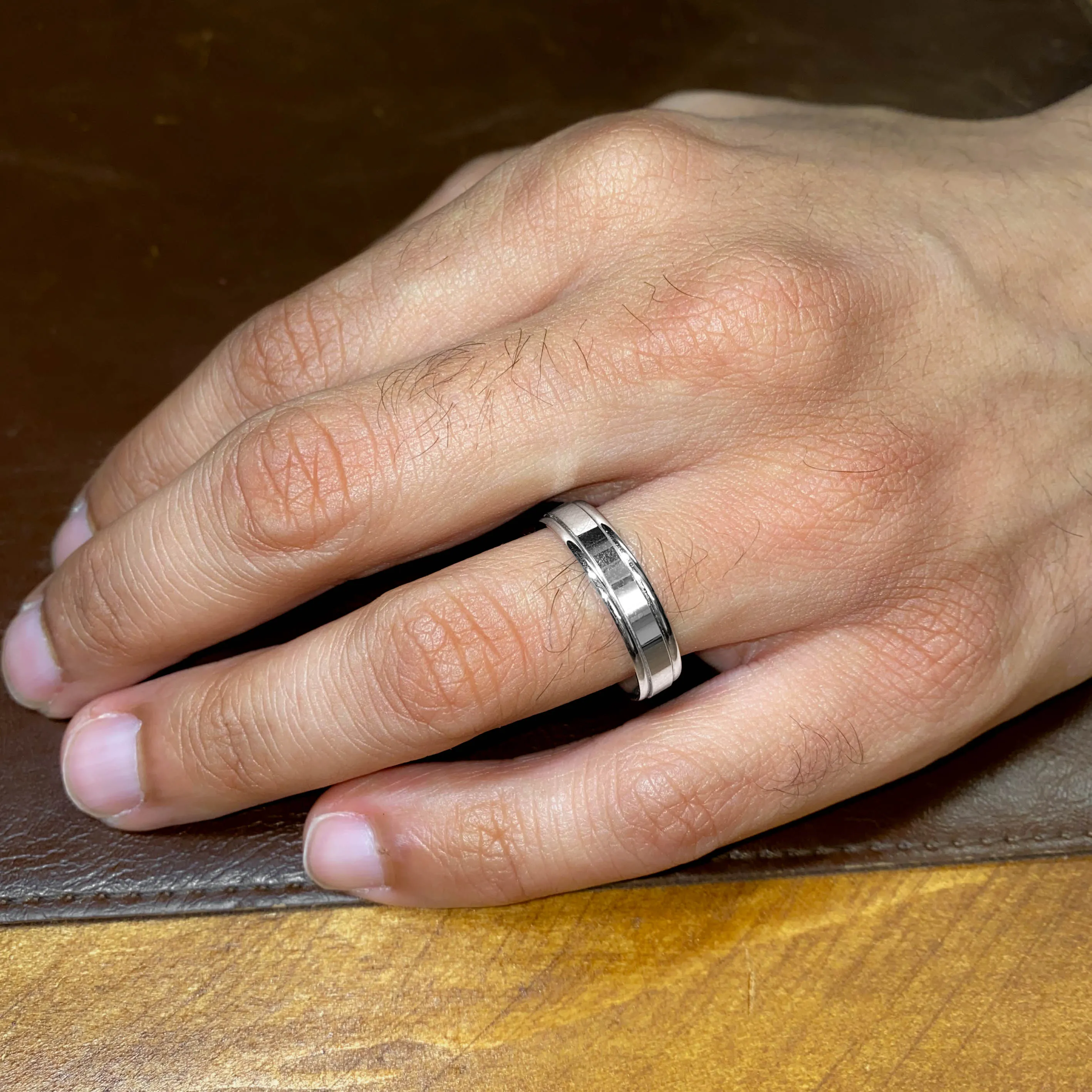 Mens Polished Flat Court Ring with Grooved Edges