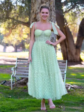 Mint Green Corset Bow Straps Tulle Glitter Hearts Ankle Length Prom Dress