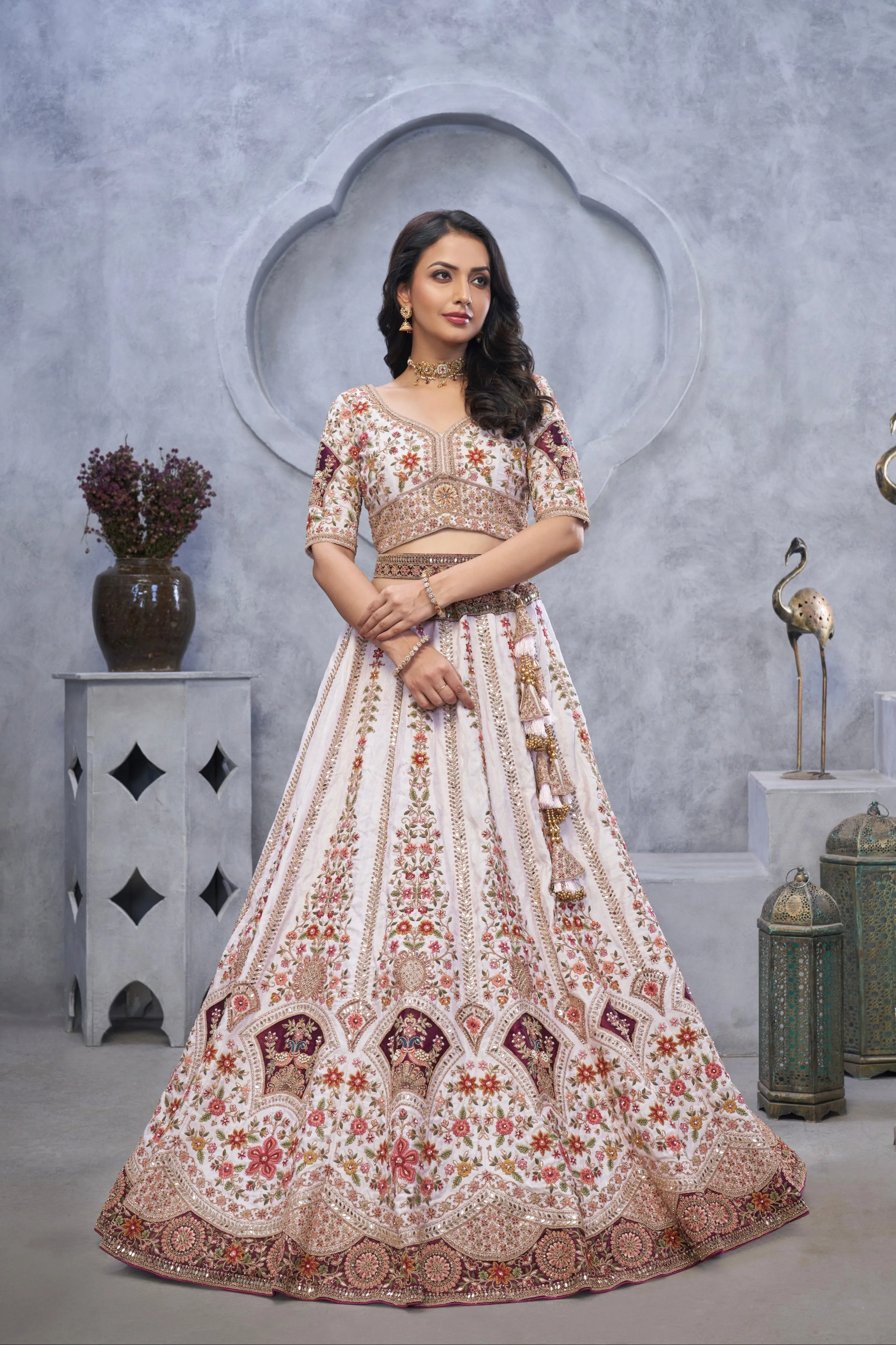 Purple Organza Silk Lehenga with Zari Embroidery & Velvet Patches