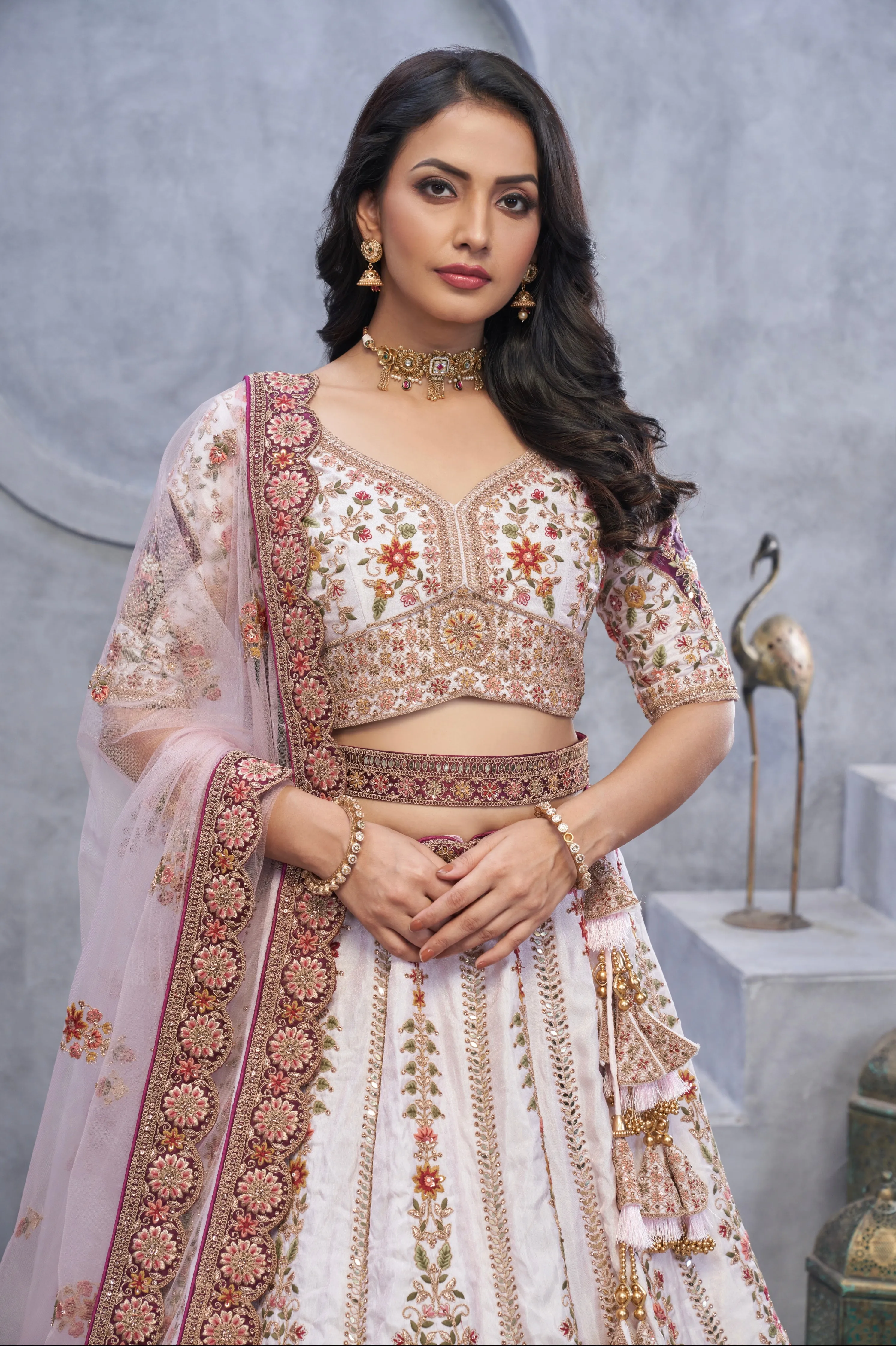 Purple Organza Silk Lehenga with Zari Embroidery & Velvet Patches