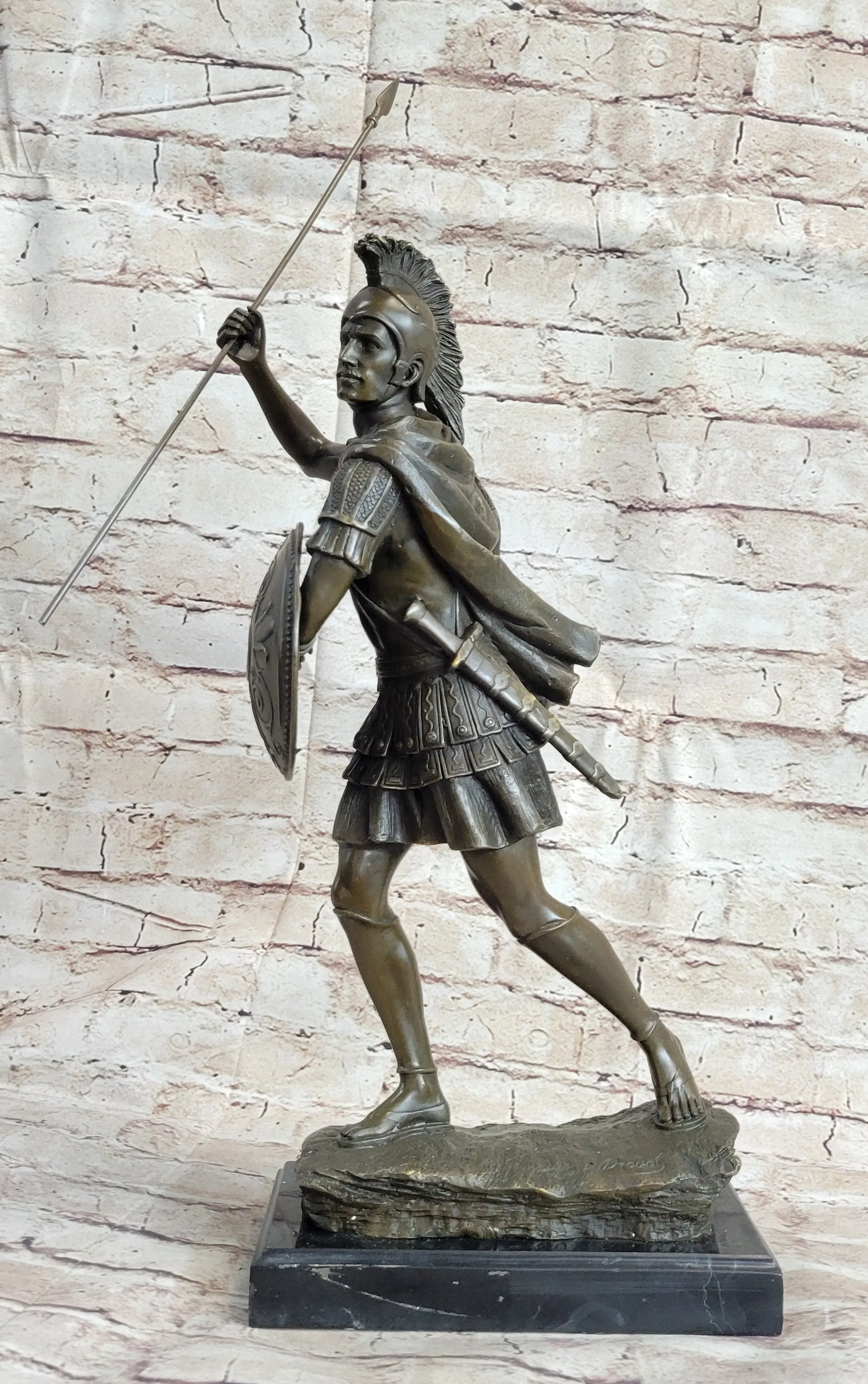 Signed Drouot Roman Legion Soldier Warrior Bronze Marble Sculpture Statue Figure