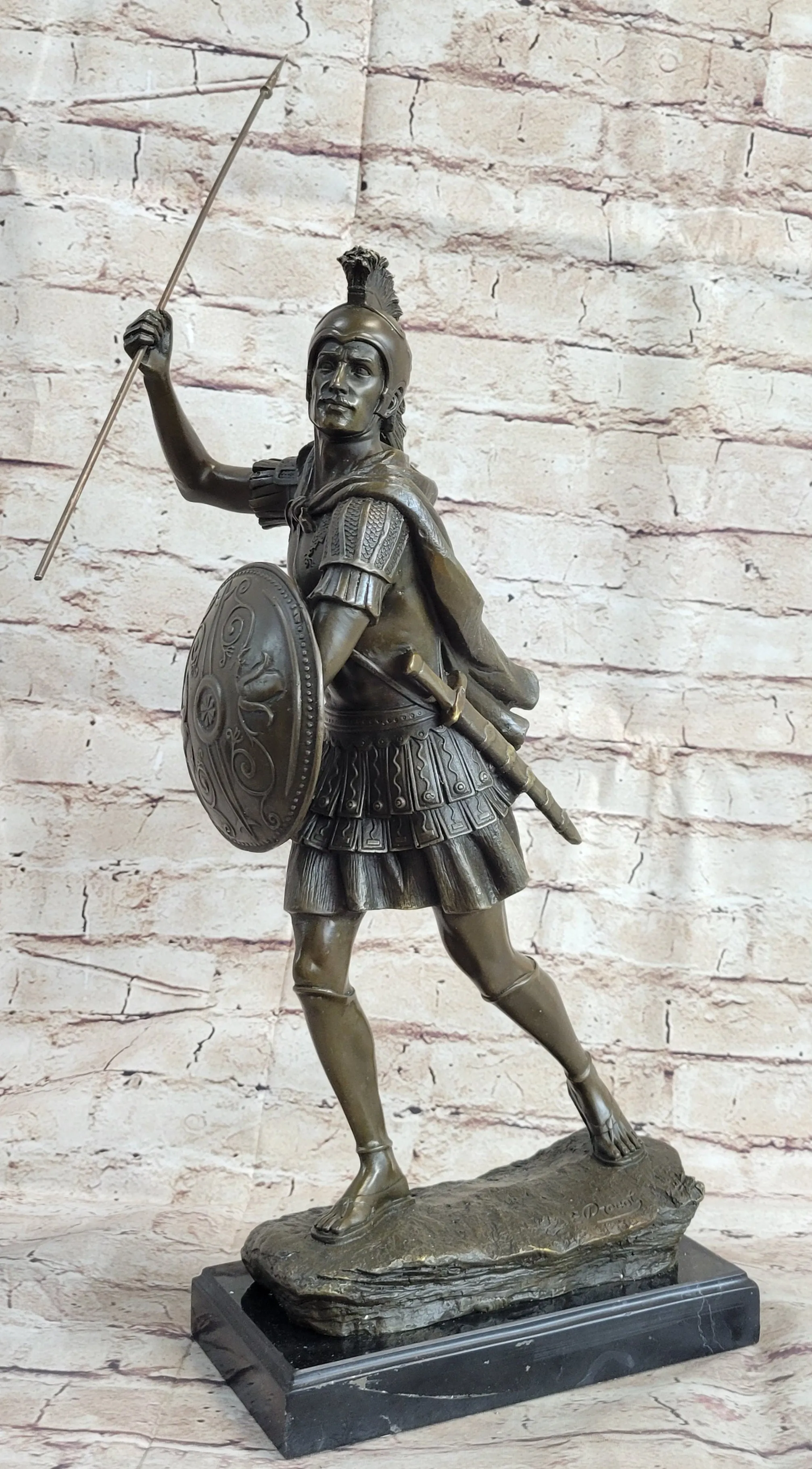 Signed Drouot Roman Legion Soldier Warrior Bronze Marble Sculpture Statue Figure