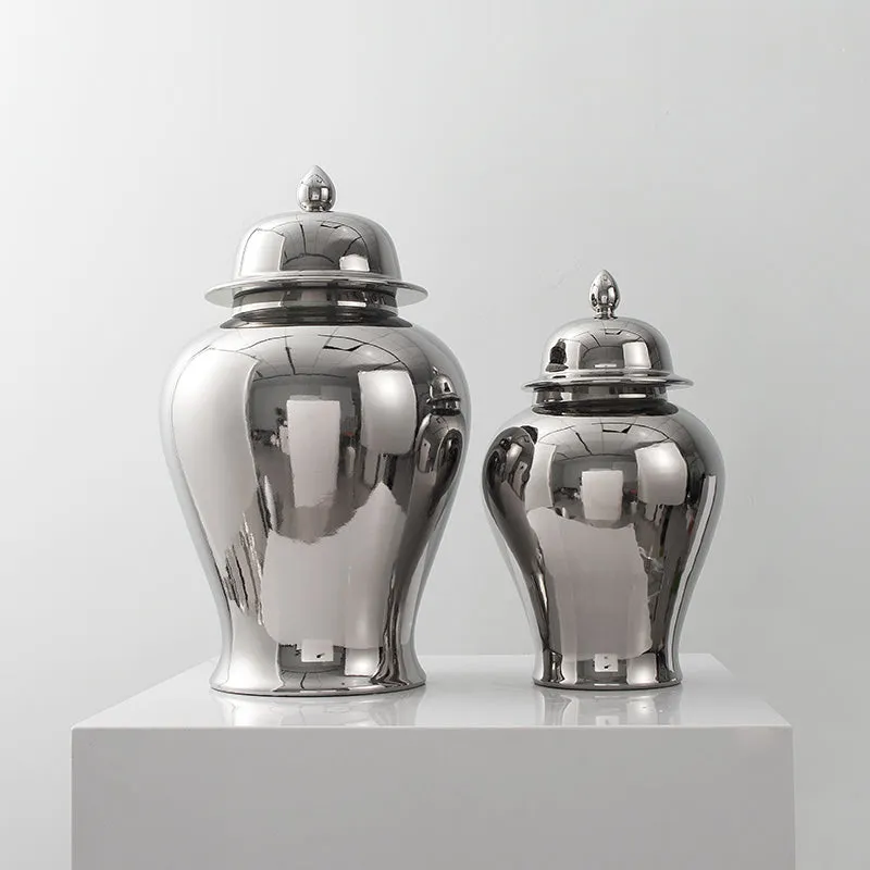 Silver Ceramic Chinese Urn