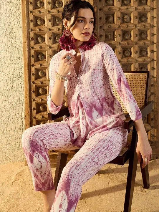 Women Ethnic Motifs Purple Tie & Dye Printed One Button Front Open Top With Trousers