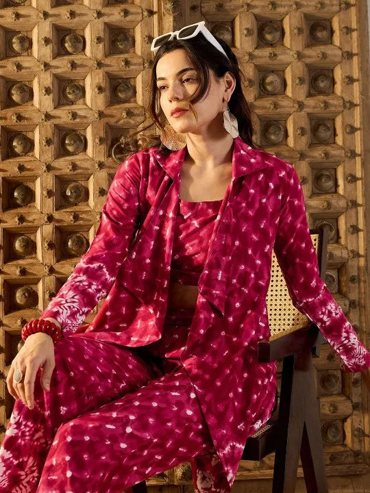Women Maroon Tie & Dyed Printed Top & Trouser With Shrug Co-ord Set