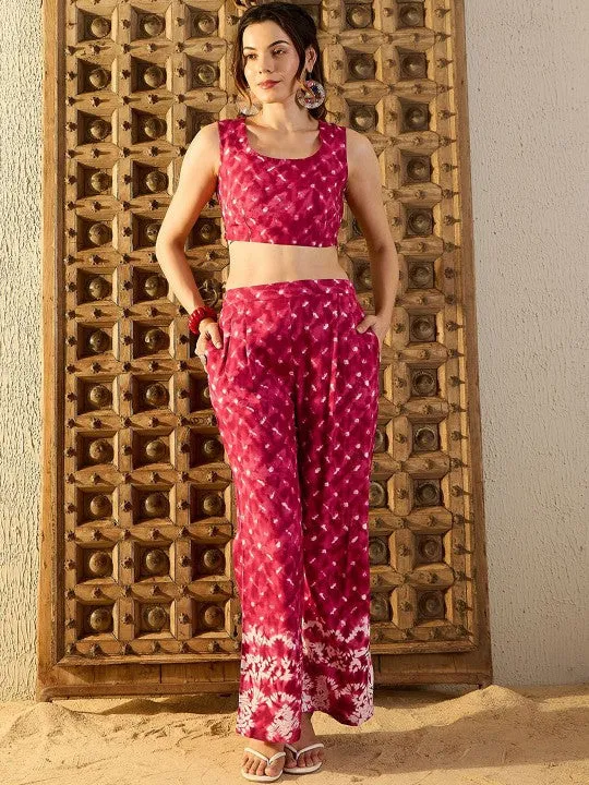 Women Maroon Tie & Dyed Printed Top & Trouser With Shrug Co-ord Set