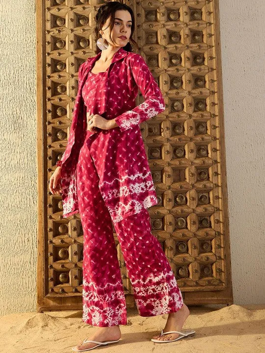 Women Maroon Tie & Dyed Printed Top & Trouser With Shrug Co-ord Set