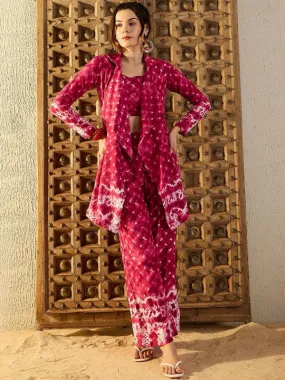 Women Maroon Tie & Dyed Printed Top & Trouser With Shrug Co-ord Set