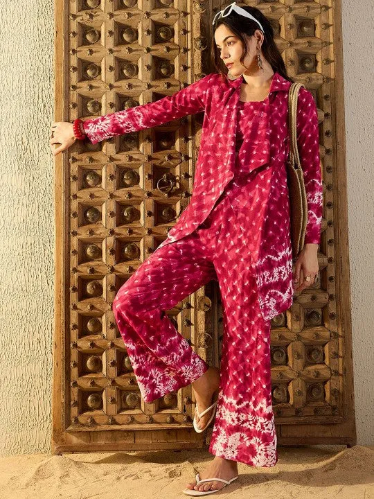 Women Maroon Tie & Dyed Printed Top & Trouser With Shrug Co-ord Set