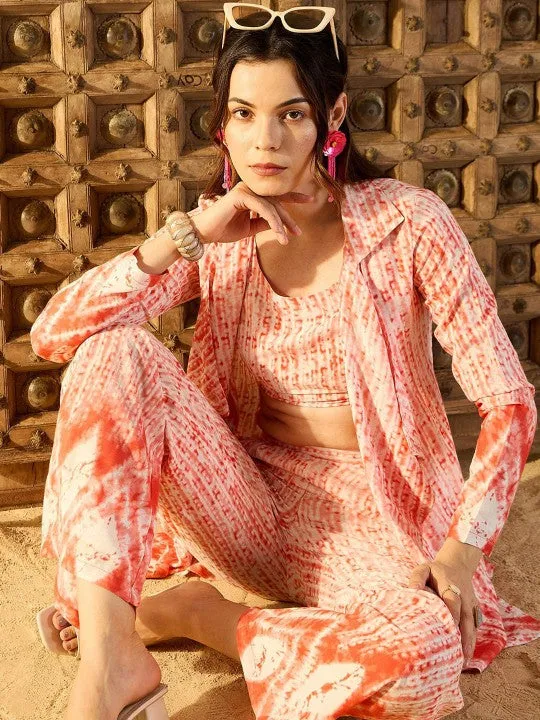 Women Peach Tie & Dyed Printed Top & Trouser With Shrug Co-ord Set